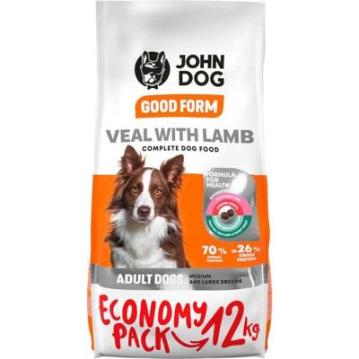 JOHN DOG Good Form Hondenvoer voor volwassenen honden, droogvoer voor honden, droogvoer voor honden, droogvoer, vrij van ulten, kalfsvlees met lam, 12 kg
