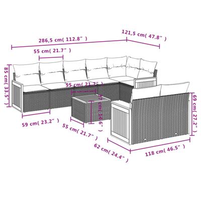 8-delige Loungeset met kussens poly rattan zwart - thumbnail