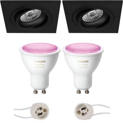 GU10 Inbouwspot Set - Mat Zwart - Inbouw Vierkant - Kantelbaar - Philips Hue - White and Color Ambiance - Bluetooth - Pragmi Borny Pro - 92mm