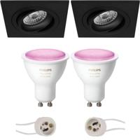 GU10 Inbouwspot Set - Mat Zwart - Inbouw Vierkant - Kantelbaar - Philips Hue - White and Color Ambiance - Bluetooth - Pragmi Borny Pro - 92mm - thumbnail