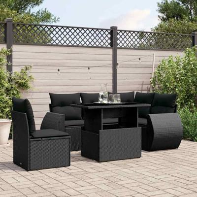6-delige Loungeset met kussens poly rattan zwart - thumbnail