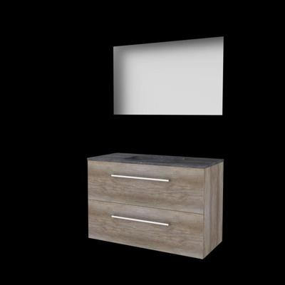 Basic-Line Ultimate 46 Badkamermeubelset - 100 x 46 cm - Met Grepen - 2 Lades - Hardstenen Wastafel - 1 Kraangat - Spiegel met Indirecte LED Verlichting - Scotch Oak