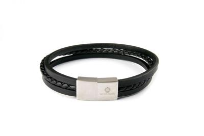 Monomen Men's Black Leather Triple Strap Silver Clasp Bracelet MM10792