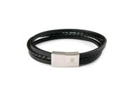 Monomen Men's Black Leather Triple Strap Silver Clasp Bracelet MM10792 - thumbnail