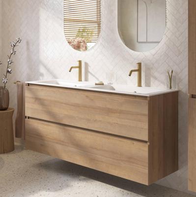 Saqu Terra badmeubel incl. dubbele glans witte keramische wastafel 141x46x66cm denver eiken