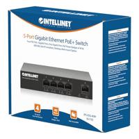 Intellinet 5-poorts Gigabit Ethernet Poe+-switch - 4 Poe+-poorten @40 W budget, uitgangsvermogen tot 30 W per poort - 10 Gbps schakelcapaciteit, onbeheerd, wandmontage, zonder ventilator - 3 jaar - thumbnail