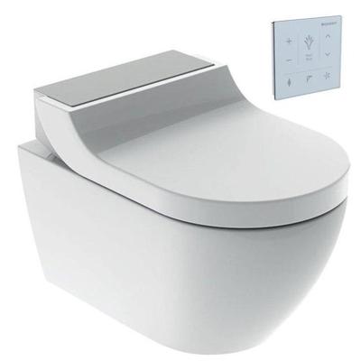 Geberit AquaClean Tuma Comfort Douchewc Spoelrandloos Wand geborsteld RVS afdekplaatje met wandbediening Glans Wit SW87552 / SW107038