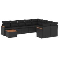 10-delige Loungeset met kussens poly rattan zwart - thumbnail