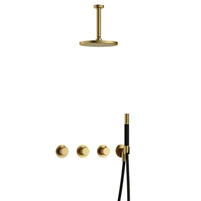 Hotbath Cobber X - CX7067 - Inbouw Regendoucheset - Geborsteld Messing PVD - 2 Stopkranen - Thermostatisch - Plafondbuis 15 cm - Hoofddouche 200 mm - Staafhanddouche - Waterbesparend