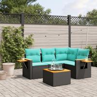 5-delige Loungeset met kussens poly rattan zwart - thumbnail