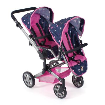 Tweeling Poppenwagen Linus Duo - Vlinders Navy Roze Tweeling Poppenwagen Linus Duo - Vlinders Navy Roze