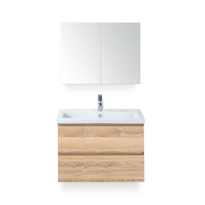 Vogue Badmeubelset 80 cm - Greeplijst in kleur - Grey Oak - Keramische Wastafel Wit 1 kraangat - met Spiegelkast