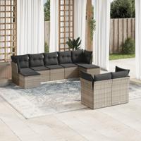 9-delige Loungeset met kussens poly rattan grijs - thumbnail