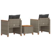 3-delige Bistroset met kussens poly rattan en acaciahout grijs - thumbnail