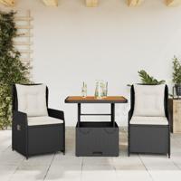3-delige Bistroset met kussens poly rattan zwart - thumbnail