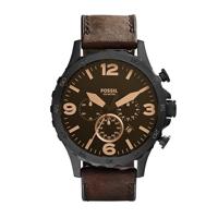 Fossil Heren Nate chronograaf bruin lederen bandhorloge JR1487 - thumbnail