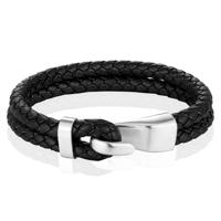 Mendes Jewelry Roestvrijstalen en Echt Lederen Heren Armband in Zwart en Zilver-23cm - thumbnail