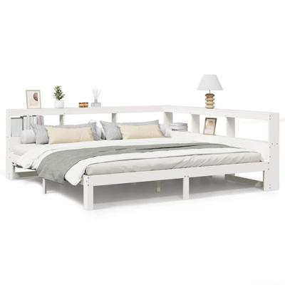 Bed met boekenkast zonder matras grenenhout wit 200x200 cm - thumbnail