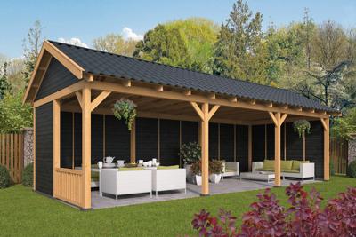 Tuindeco Hamar XL Overkapping type 6 990x445 cm Lariks/Douglashout blank en Zweeds rabat zwart- Zadeldak- Onbehandeld lariks Douglas hout- Tuindeco