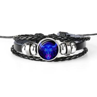 12 sterrenbeeld zwart gevlochten lederen glazen koepel Punk mannen Bracelet(Taurus)