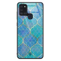 Samsung Galaxy A21s glazen hardcase - Marmer navy blauw - thumbnail