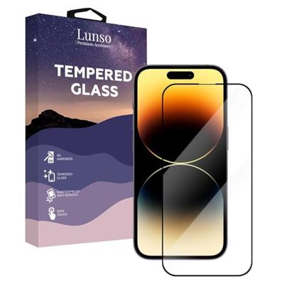 Lunso - iPhone 14 Pro - Gehard Beschermglas - Full Cover Screenprotector - Black Edge Lunso - iPhone 14 Pro - Gehard Beschermglas - Full Cover Screenprotector - Black Edge