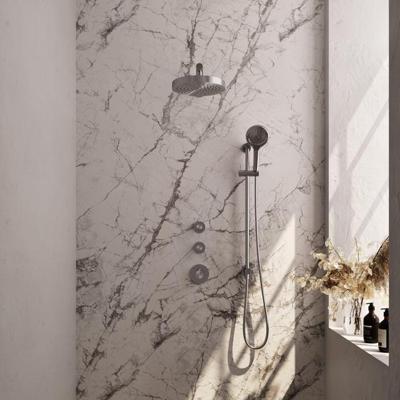 Brauer Stripe thermostatische inbouw regendouche SET 10 met 25 cm douchekop en rechte muurarm en 3-standen handdouche en doucheslang en geintegreerde glijstang RVS-kleurig geborsteld PVD