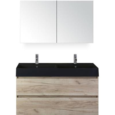 Maxx XL Badmeubelset 120 cm - Craft Oak - Wastafel Kube Dubbel Zwart 2 Kraangaten met Spiegelkast