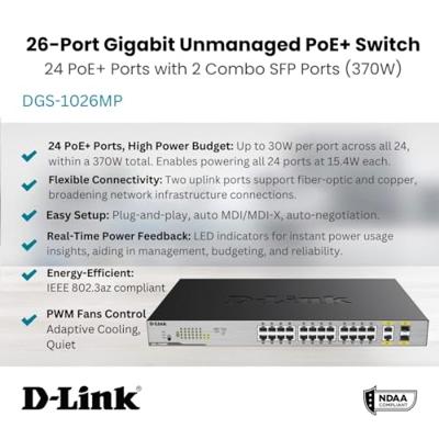 D-Link DGS-1026MP Layer2 PoE+ Gigabit Switch (26 poorten, waarvan 24 x 10/100/1000 Mbit/s PoE-poorten en 2 Gigabit Combo Uplinkpoorten), zwart