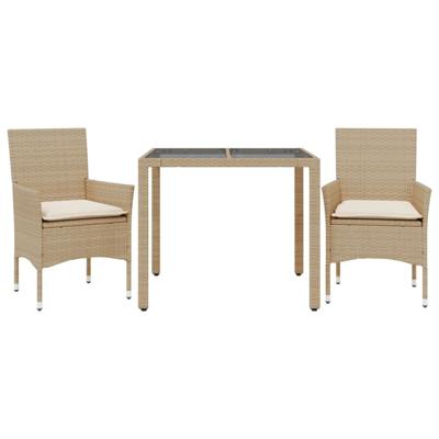 3-delige Tuinset met kussens poly rattan en glas beige - thumbnail