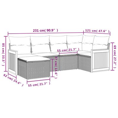 6-delige Loungeset met kussens poly rattan zwart - thumbnail