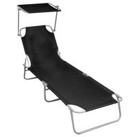 VidaXL Ligbed inklapbaar met luifel aluminium zwart - thumbnail