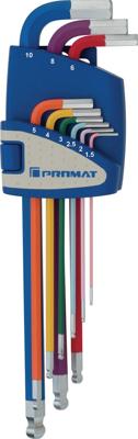 Promat/Tecwerk Haakse schroevendraaierset | 9-delig kunststof houder | SW 1,5-10 mm | lang kleurcodering, kogelkop - 4000825110