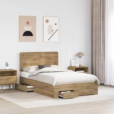 Bedframe met hoofdeinde Artisan Eiken 135 x 190 cm Bewerkt hout