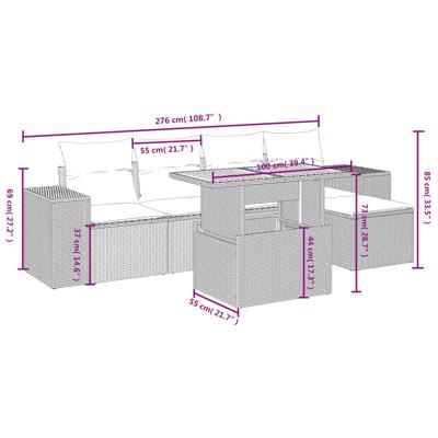 6-delige Loungeset met kussens poly rattan zwart