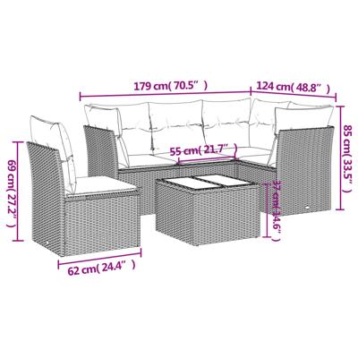 5-delige Loungeset met kussens poly rattan zwart