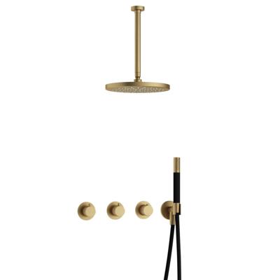 Hotbath Cobber - CB7067 - Inbouw Regendoucheset - Geborsteld Messing - 2 Stopkranen - Thermostatisch - Plafondbuis 30 cm - Hoofddouche 300 mm - Staafhanddouche - met M106 - Waterbesparend