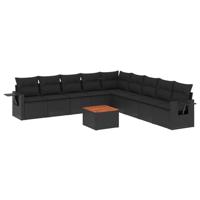 10-delige Loungeset met kussens poly rattan zwart - thumbnail