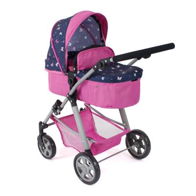 Combi-poppenwagen Nele - Vlinders Navy Roze Combi-poppenwagen Nele - Vlinders Navy Roze