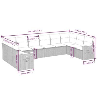 10-delige Loungeset met kussens poly rattan zwart - thumbnail