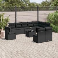 11-delige Loungeset met kussens poly rattan zwart - thumbnail