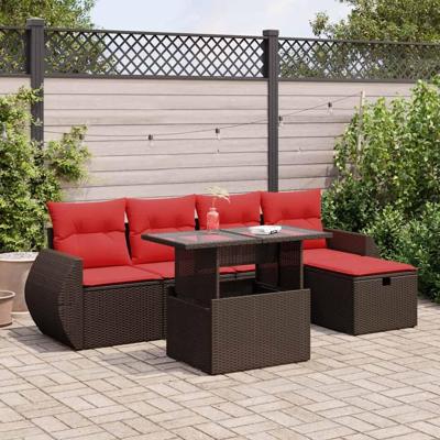 6-delige Loungeset met kussens poly rattan acacia zwart