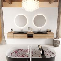 MONDIAZ BUKLA 280cm badmeubel met open module 40 midden kleur Washed Oak met 4 lades. Wastafel CLOUD dubbel 2 kraangaten kleur Urban. - thumbnail