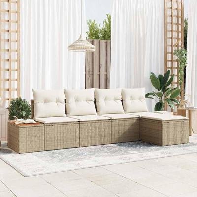 5-delige tuinset met kussens in beige poly rattan en acaciahout