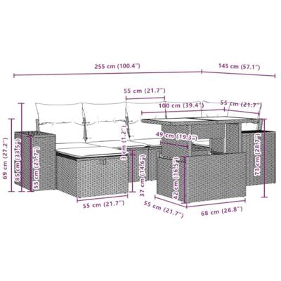 7-delige Loungeset met kussens poly rattan beige