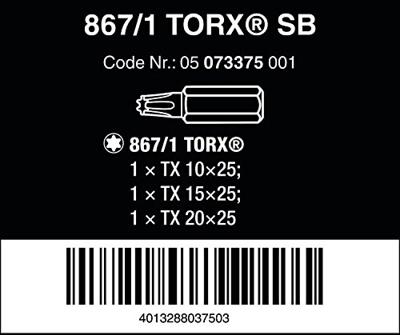 Wera 867/1 Z TORX® Bits, TX 10 und 15 und 20 x 25 mm - 1 stuk(s) - 05073375001 Wera 867/1 Z TORX® Bits, TX 10 und 15 und 20 x 25 mm - 1 stuk(s) - 05073375001