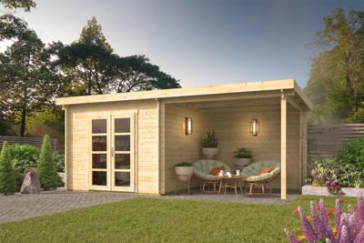 Tuindeco Hasse Blokhut 300x300 cm + overkapping 300 cm 28 mm vuren blank- Lessenaarsdak- Onbehandeld vurenhout- Tuindeco