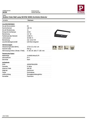 Paulmann 94335 Wandlamp op zonne-energie Energielabel: A (A - G) 3 W Warmwit Donkergrijs