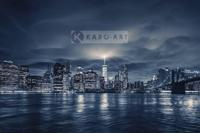 Schilderij - Zicht op Manhattan &apos;s nachts, NYC, blauw - thumbnail