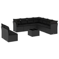 10-delige Loungeset met kussens poly rattan zwart - thumbnail